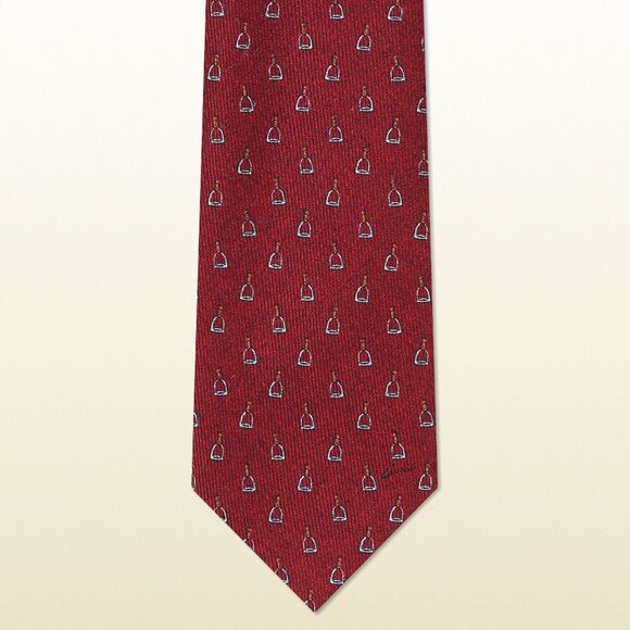 GUCCI TIE RED & LIGHT GREY STIRRUP PRINT SILK  NEW AUTH - Picture 1 of 3